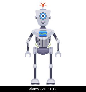 bipedal iron robot with an antenna. human assistant robot. flat vector illustration. Stock Vector