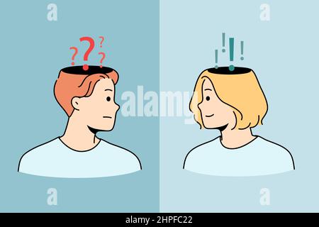 Doubt asking and declaiming concept. Frustrated man asking with question mask on head looking at confident woman having answer feeling sure vector illustration  Stock Vector