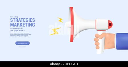 Loudspeaker in hand. Cartoon 3D realistic banner Stock Vector