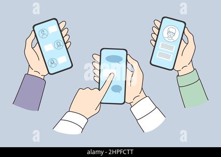 Hands of diverse people hold modern smartphones chat talk in messenger online. Friends communicate on internet on cellphone, use social media on gadget. Communication. Vector illustration.  Stock Vector