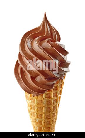 soft chocolate ice cream swirl in waffle cone isolated on white background Stock Photo