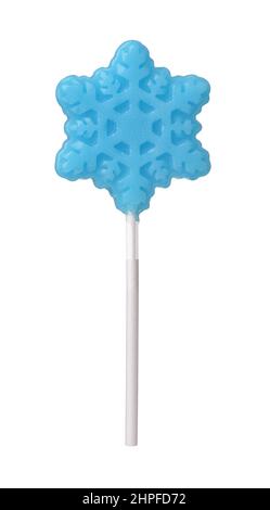 Front view of blue handmade christmas snowflake lollipop isolated on white Stock Photo