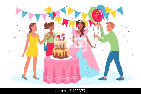 Birthday party celebration for teen princess vector illustration. Cartoon beautiful girl and friends celebrate with cake, boy holding balloons,15 Stock Vector