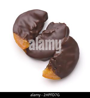Top view of dark chocolate dipped candied orange slices isolated on white Stock Photo