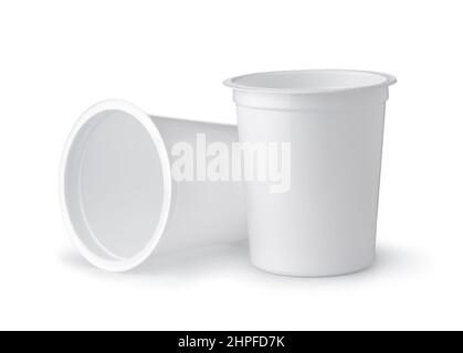 Front view of two empty disposable packaging dairy plastic cups isolated on white Stock Photo