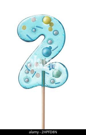 Front view of blue transparent handmade number two lollipop isolated on white Stock Photo