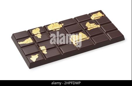 Chocolate bar with pieces of edible gold leaf isolated on white Stock Photo