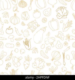 Seamless vegetable pattern. Linear hand drawn doodles of vegetables and fruits, root vegetables and mushrooms, olives and avocados on white background Stock Vector
