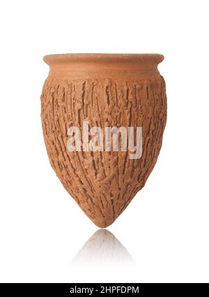 Front view of clay shot glass in form of qvevri tradicional vessel for winemaking isolated on white Stock Photo