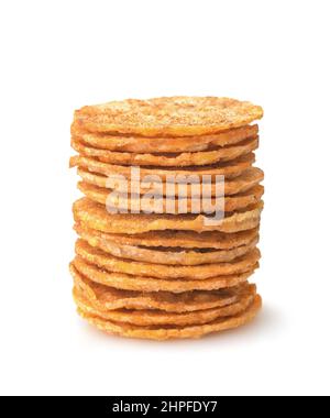 Stack of organic corn paprika chips isolated on white Stock Photo