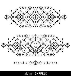 Icelandic rune folk art style geometric vector design, tribal line art long patterns collection with moons, triangles and abstract shapes Stock Vector