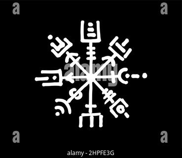Vegvisir runic compass white pencil drawing style, Hand drawing of Viking symbols, Sacred Norse, tattoo logo, grunge runic magic symbols, vector illus Stock Vector