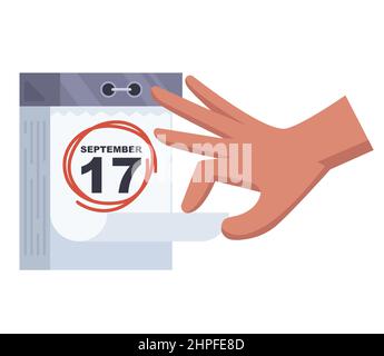 hinged calendar 17 September. important day for a person flat vector illustration. Stock Vector