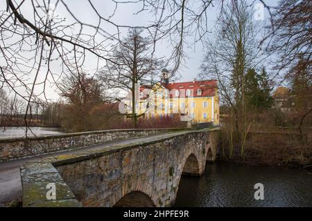 Bannewitz, Germany. 21st Feb, 2022. The Grillenburg hunting lodge in the Tharandt Forest near the city of Dresden was built in 1554. It served as a hunting lodge for the former Elector of Saxony August the Strong. Credit: Daniel Schäfer/dpa-Zentralbild/dpa/Alamy Live News Stock Photo