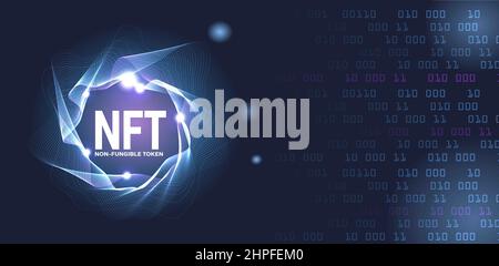 NFT nonfungible tokens text in the center of spiral of glowing dots on dark background. Stock Vector