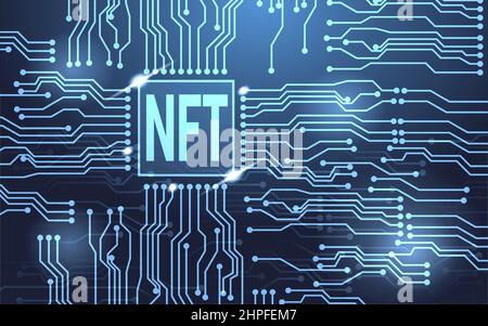 Token NFT text on CPU chip with digital circuit board background. Stock Vector