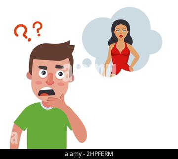 a man thinks about a beautiful girl and doubts. flat vector illustration. Stock Vector
