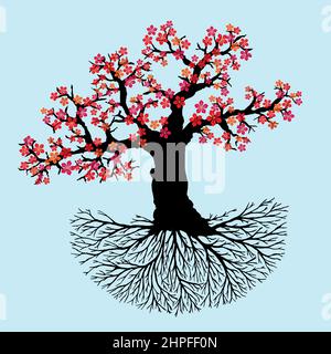 Old blossom tree of life or yggdrasil with red blossoms. The trunk, branches and roots are black. Light blue background. Stock Vector