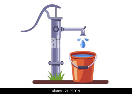 pump a bucket of water from the well. rural water column. flat vector illustration isolated on white background. Stock Vector