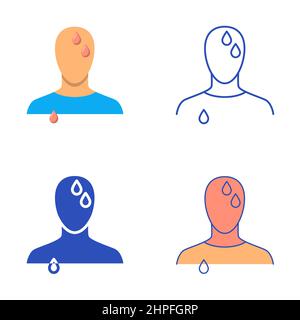 Sweating icon set in flat and line style. Person with sweat drops symbol. Vector illustration. Stock Vector