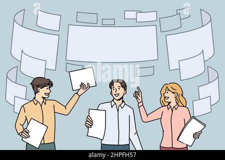 Document flow in business concept. Group of young business partners teammates standing with papers and flying documents above vector illustration  Stock Vector