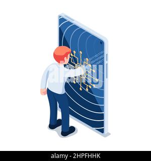 Flat 3d Isometric Businessman Going into a Digital World and Change to Binary Code. Metaverse or Virtual Reality Concept. Stock Vector