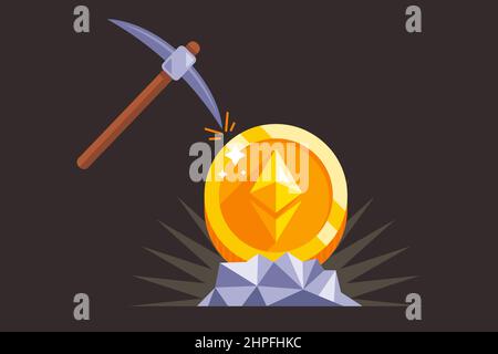 mining Ethereum using mining. the pickaxe hits the ethereum coin. flat vector illustration. Stock Vector
