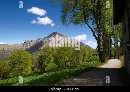 Italy, Lombardy, Province of Lecco, Belvedere of the Valentino park at Pian dei Resinelli. View of Lake Como, branch of Lecco. Grignetta Mount Stock Photo