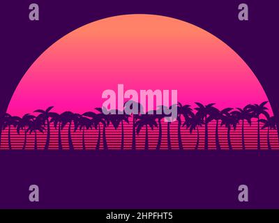 Tropical landscape with palm trees and sunset in 80s style. Summer time. Scarlet gradient sun Design of advertising booklets, posters and travel agenc Stock Vector