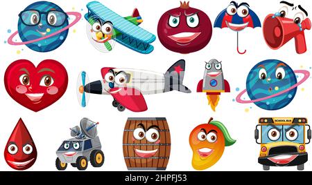 Set of different toy objects with smiley faces illustration Stock Vector