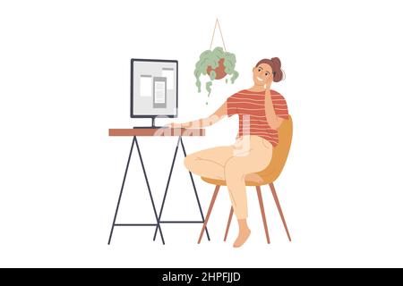 Woman sits in front of a monitor and talks on the phone Stock Vector