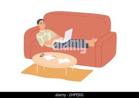 Man lying on the sofa with laptop Stock Vector