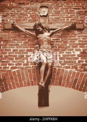 Crucifixion of Christ on red brick wall. He is Risen, Holy week greeting card with Jesus on cross and stone background. Vector illustration Stock Vector