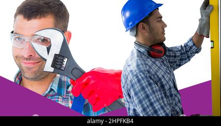 Multiple exposure of male caucasian construction worker using tools Stock Photo