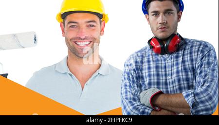 Double exposure of male caucasian construction worker wearing hardhats Stock Photo