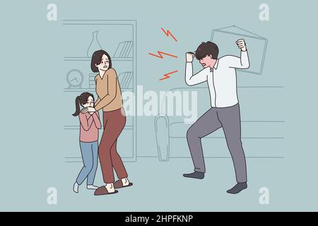 Furious father cream yell at wife and child at home. Scared terrified woman and kid frightened by angry dad shouting. Domestic violence and family problems. Flat vector illustration.  Stock Vector