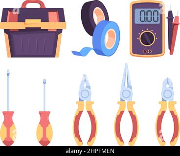 Electricity tools. Digital power voltage meter repairing equipment electrician engineers items garish vector flat colored pictures set Stock Vector