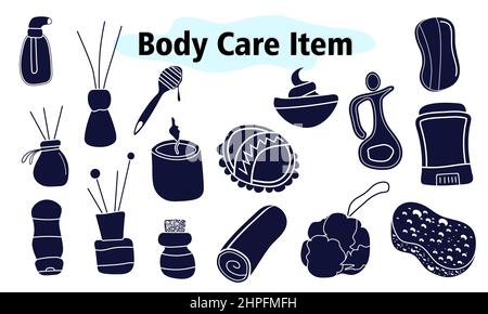 A large set of items for the bathroom and shower. Face and body care. Scents for the home. Vector illustration in solid design on a white background. Stock Vector