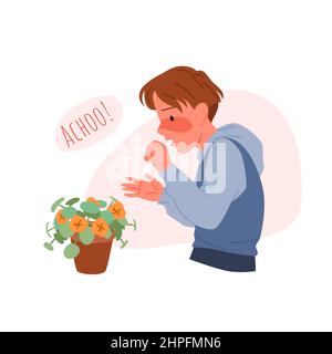 Sneeze and cough, allergic symptom in sick child, boy sneezing near flower in pot Stock Vector