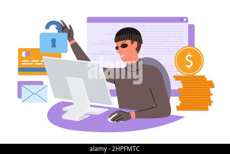 Cartoon hacker using computer, criminal stealing personal digital data information and money. Cybercrime, internet safety concept. Thief hacking Stock Vector