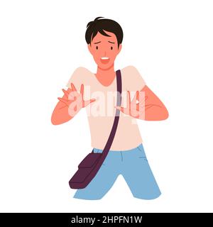 Scared worried boy in panic or fear, teen with afraid face expression and shock pose Stock Vector