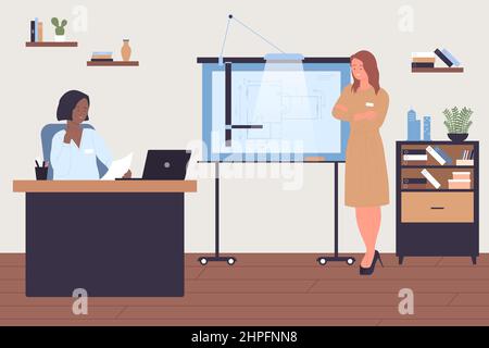 Construction planning and building project development. Team of professional architects talking about paper blueprint presentation on easel flat vector illustration. Architecture, profession concept Stock Vector