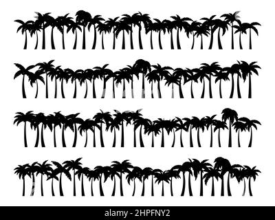 Set of landscapes with black silhouettes of palm trees on a white background. Skyline with tropical palm trees in a line. Design for travel banner, po Stock Vector