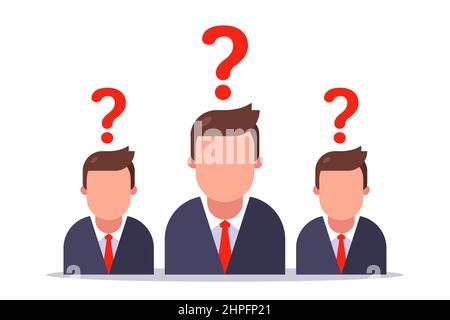 anonymous man in a business suit. question mark on the face. flat vector character illustration. Stock Vector
