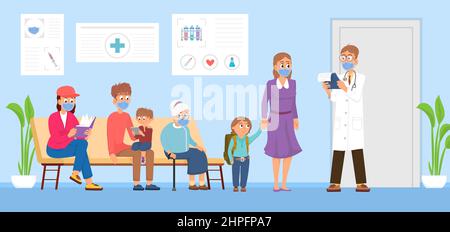 Doctor visiting. Waiting line, patients wear mask in hospital. Professor, health examination. Visit clinic for vaccination or check up, decent vector Stock Vector