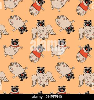 Seamless pattern with playful pug dog puppies flat drawing on solid pink background Stock Vector