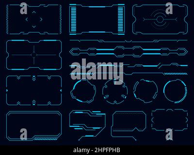 HUD sci fi user interface elements. Futuristic digital technology blank frames and bars. Info call boxes. Game borders layout. Control panel. Virtual Stock Vector