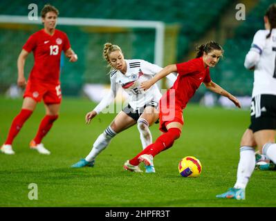 NORWICH, United Kingdom, FEBRUARY 20: Jessie Fleming (Chelsea) of Canada beats Giulia Gwinn (Bayern Munich) of Germany  during Arnold Clark Cup betwee Stock Photo