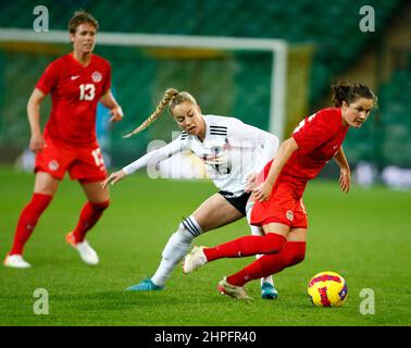 NORWICH, United Kingdom, FEBRUARY 20: Jessie Fleming (Chelsea) of Canada beats Giulia Gwinn (Bayern Munich) of Germany  during Arnold Clark Cup betwee Stock Photo