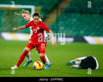 NORWICH, United Kingdom, FEBRUARY 20: Jessie Fleming (Chelsea) of Canada beats Giulia Gwinn (Bayern Munich) of Germany  during Arnold Clark Cup betwee Stock Photo